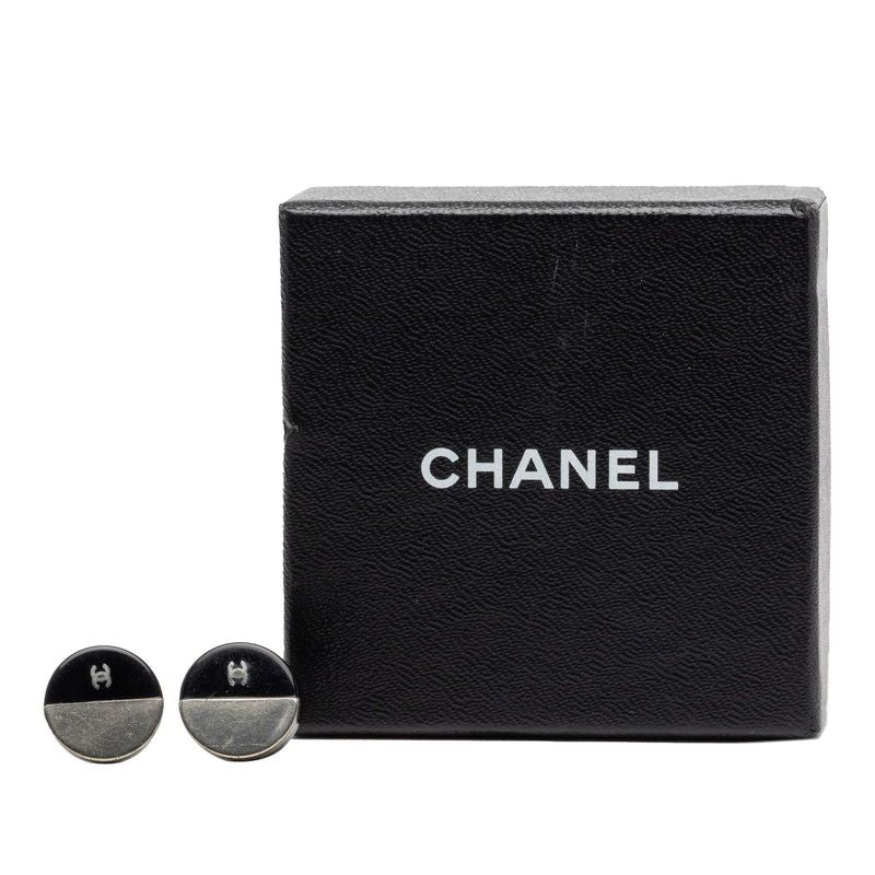 Chanel CC Logo Bicolor Black Silver Metal Enamel Earrings