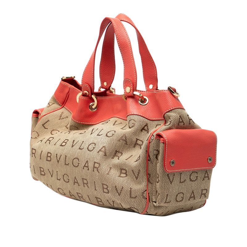 Bvlgari Logomania 2-Way Shoulder Bag Beige Pink Canvas Leather