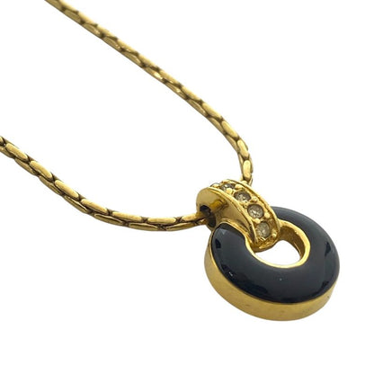 Dior Logo Rhinestone Black Pendant Stone Necklace Gold Plated Gold Color - Black