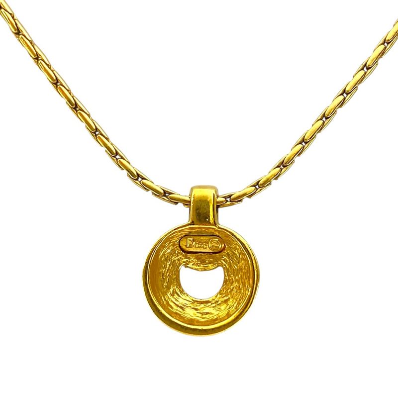 Dior Logo Rhinestone Black Pendant Stone Necklace Gold Plated Gold Color - Black