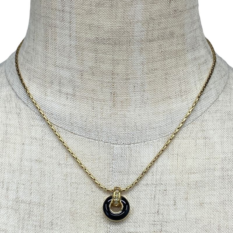 Dior Logo Rhinestone Black Pendant Stone Necklace Gold Plated Gold Color - Black