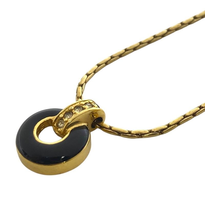 Dior Logo Rhinestone Black Pendant Stone Necklace Gold Plated Gold Color - Black