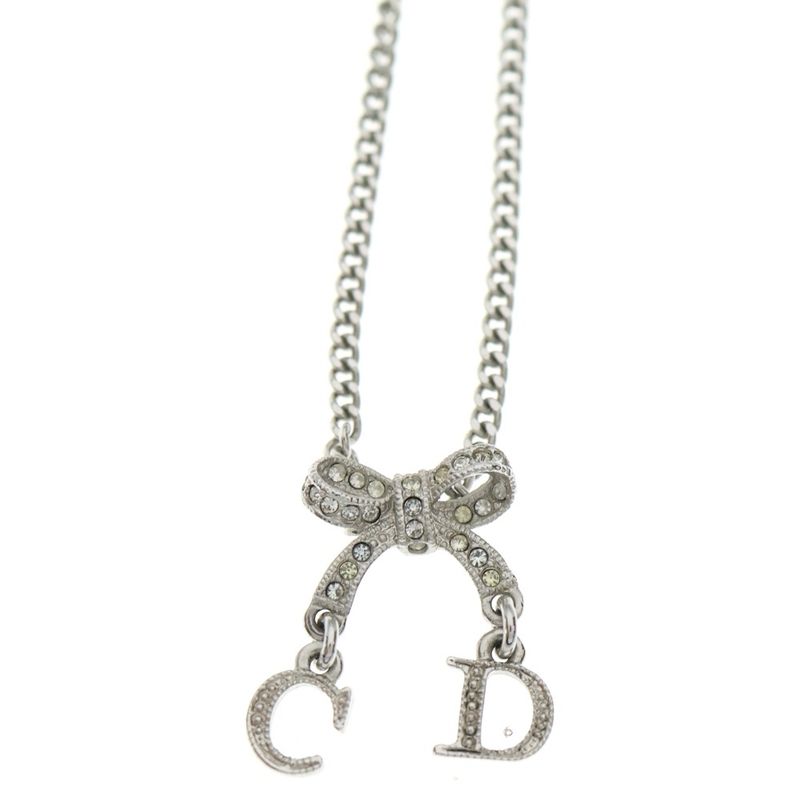 Dior Ribbon Motif CD Logo Charm Necklace Silver