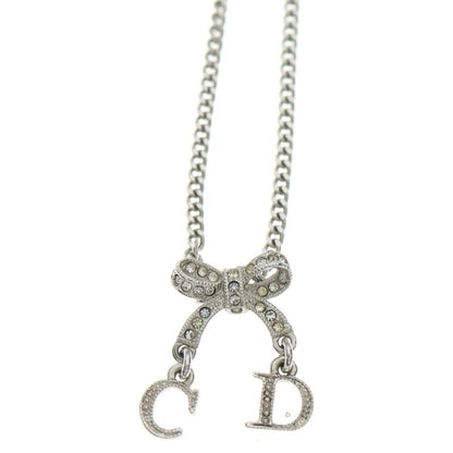 Dior Ribbon Motif CD Logo Charm Necklace Silver