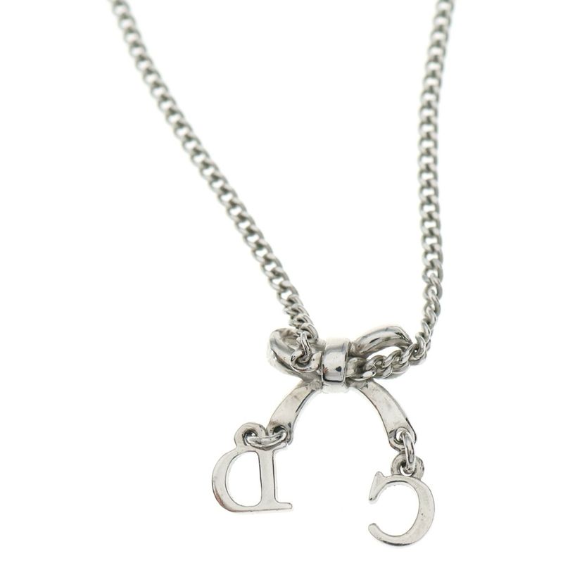 Dior Ribbon Motif CD Logo Charm Necklace Silver