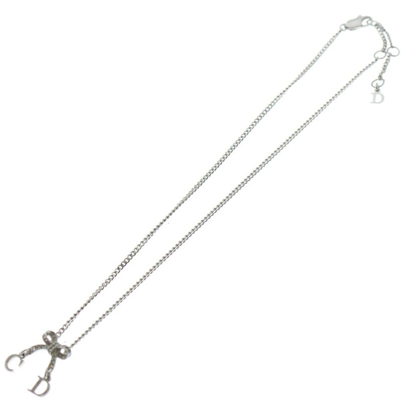 Dior Ribbon Motif CD Logo Charm Necklace Silver