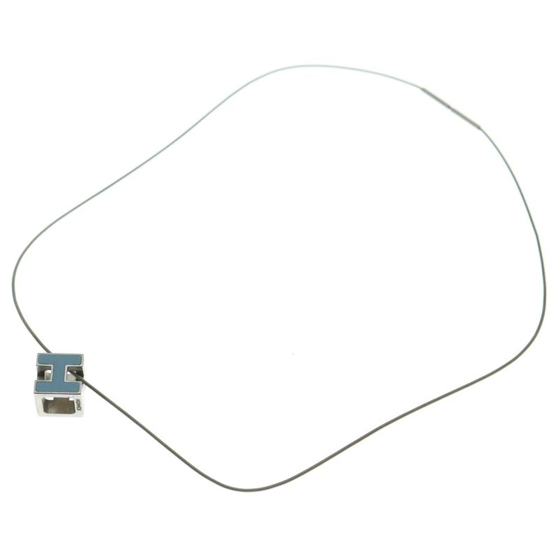 Hermes Cube Logo Wire Necklace Silver Light Blue