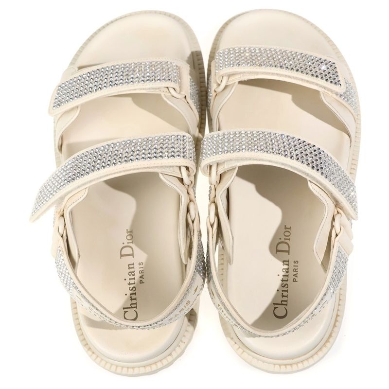 Dior Rhinestone Velcro Strap Leather Flat Sandals Cream