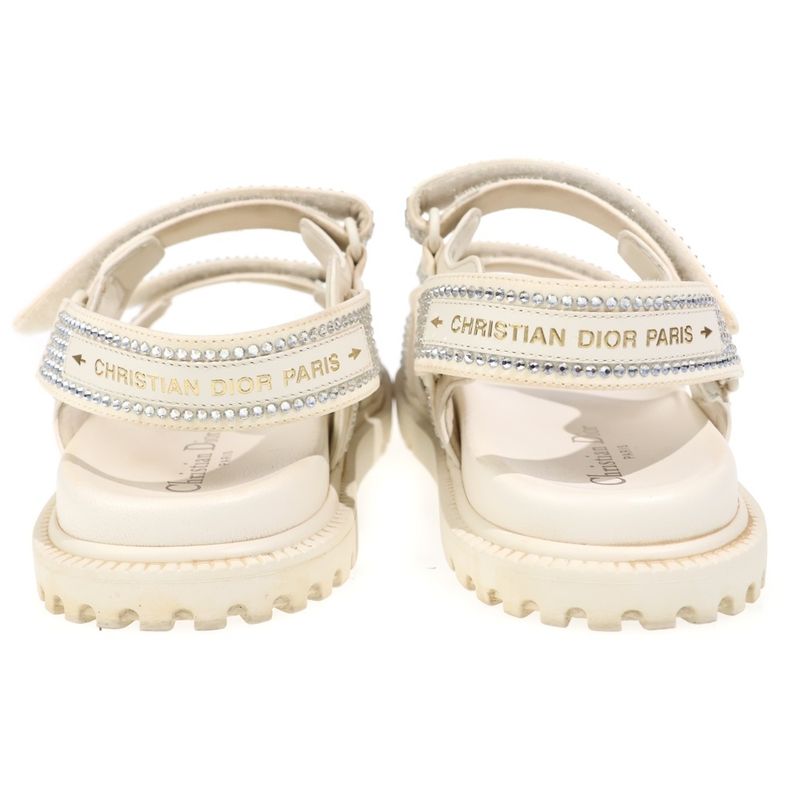 Dior Rhinestone Velcro Strap Leather Flat Sandals Cream