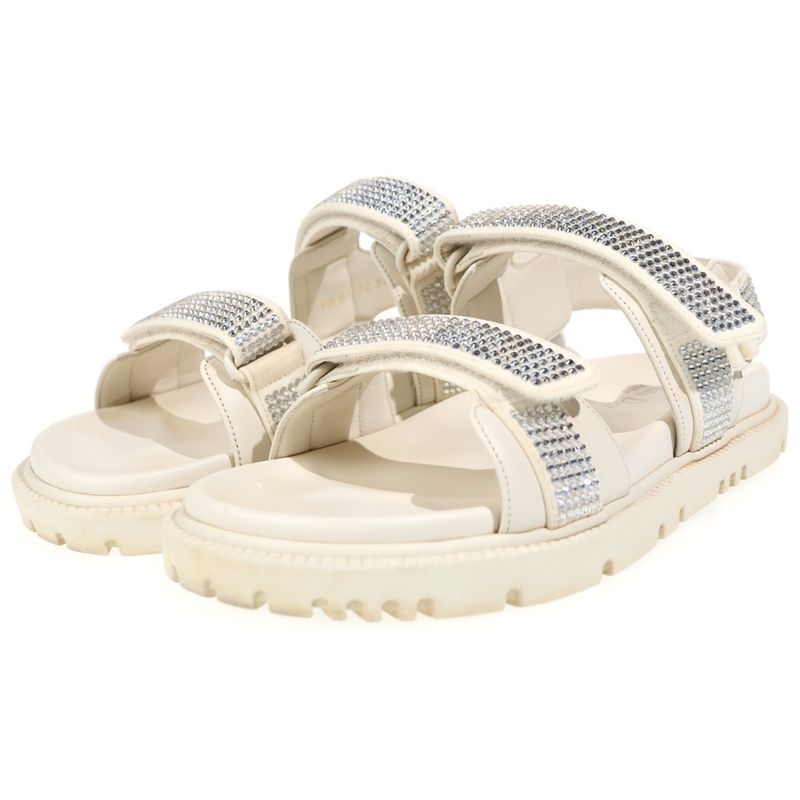 Dior Rhinestone Velcro Strap Leather Flat Sandals Cream