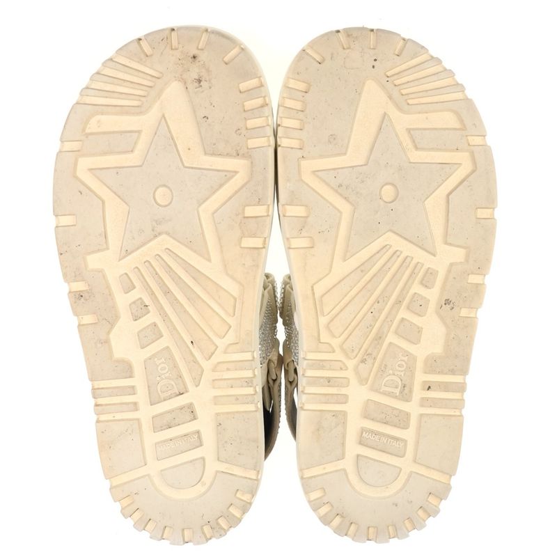 Dior Rhinestone Velcro Strap Leather Flat Sandals Cream