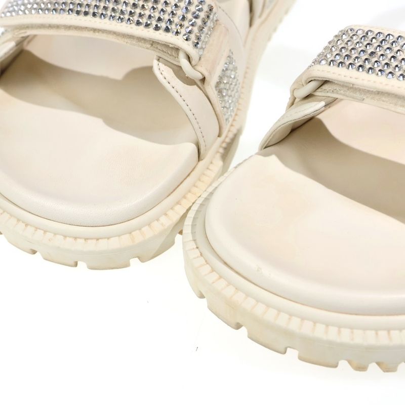 Dior Rhinestone Velcro Strap Leather Flat Sandals Cream