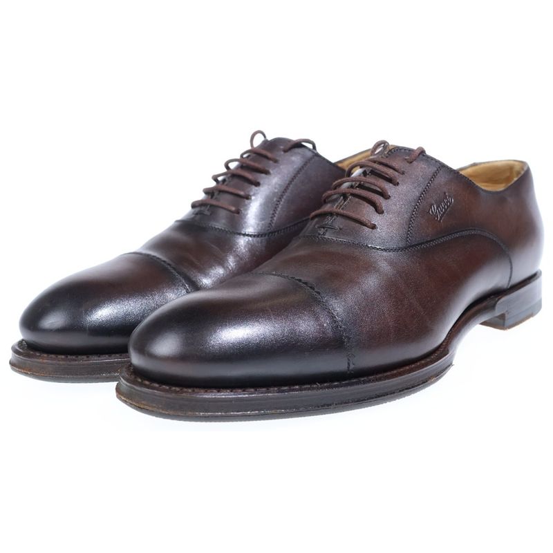 Gucci Embossed Logo Straight Tip Leather Shoes Brown