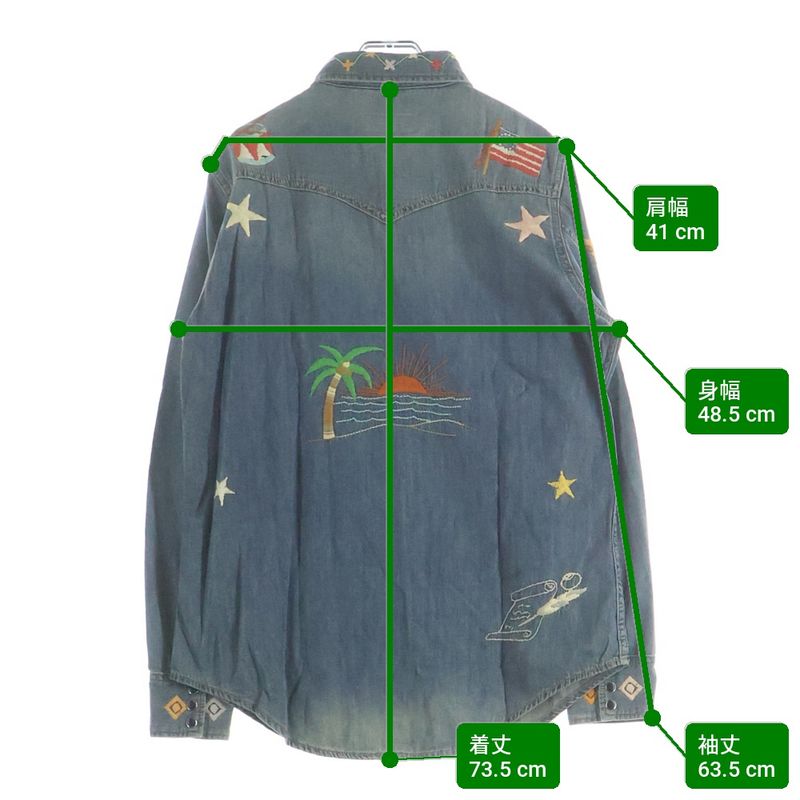Saint Laurent Paris Floral Embroidery Long Sleeve Denim Shirt Indigo