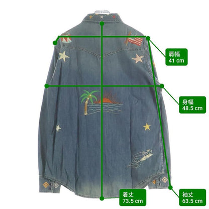 Saint Laurent Paris Floral Embroidery Long Sleeve Denim Shirt Indigo