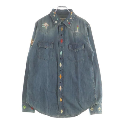 Saint Laurent Paris Floral Embroidery Long Sleeve Denim Shirt Indigo