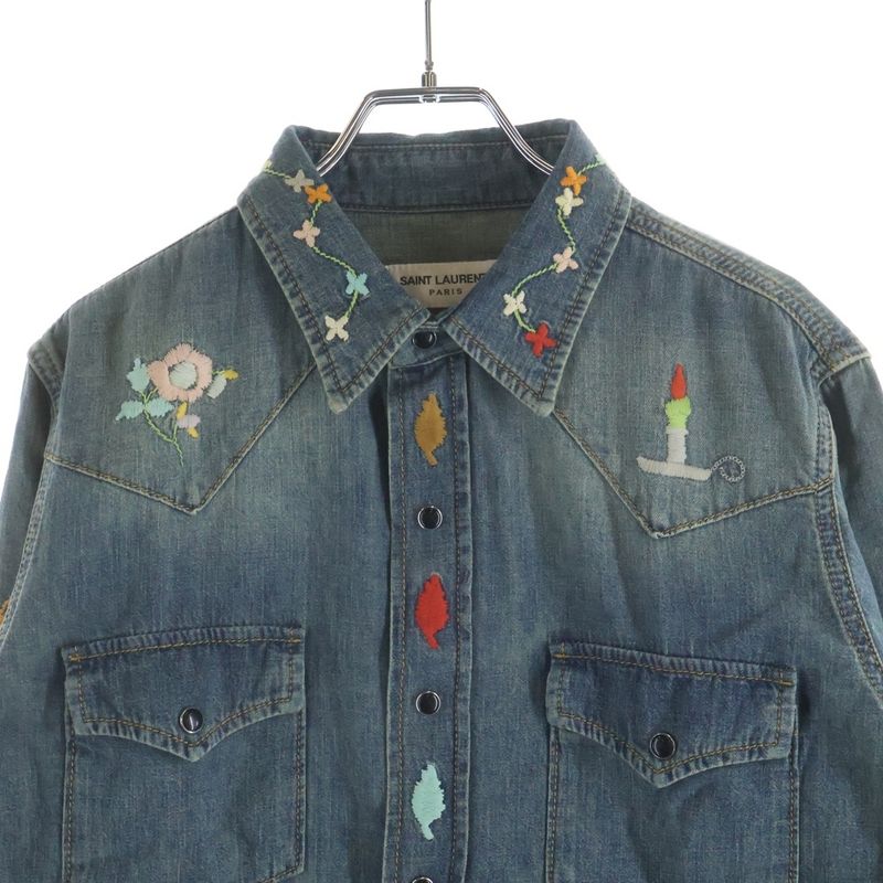 Saint Laurent Paris Floral Embroidery Long Sleeve Denim Shirt Indigo