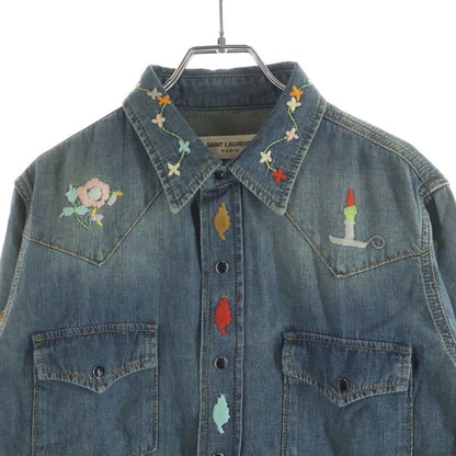 Saint Laurent Paris Floral Embroidery Long Sleeve Denim Shirt Indigo