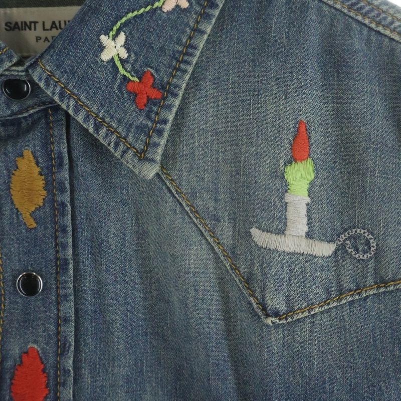 Saint Laurent Paris Floral Embroidery Long Sleeve Denim Shirt Indigo