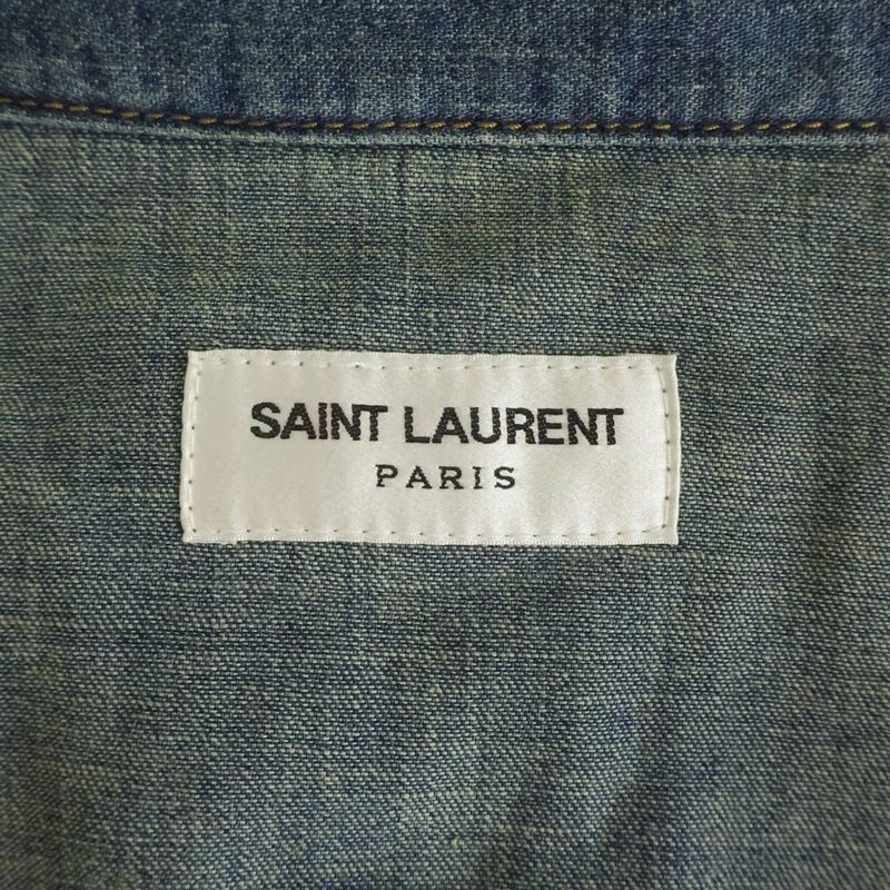 Saint Laurent Paris Floral Embroidery Long Sleeve Denim Shirt Indigo