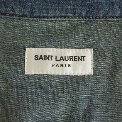Saint Laurent Paris Floral Embroidery Long Sleeve Denim Shirt Indigo