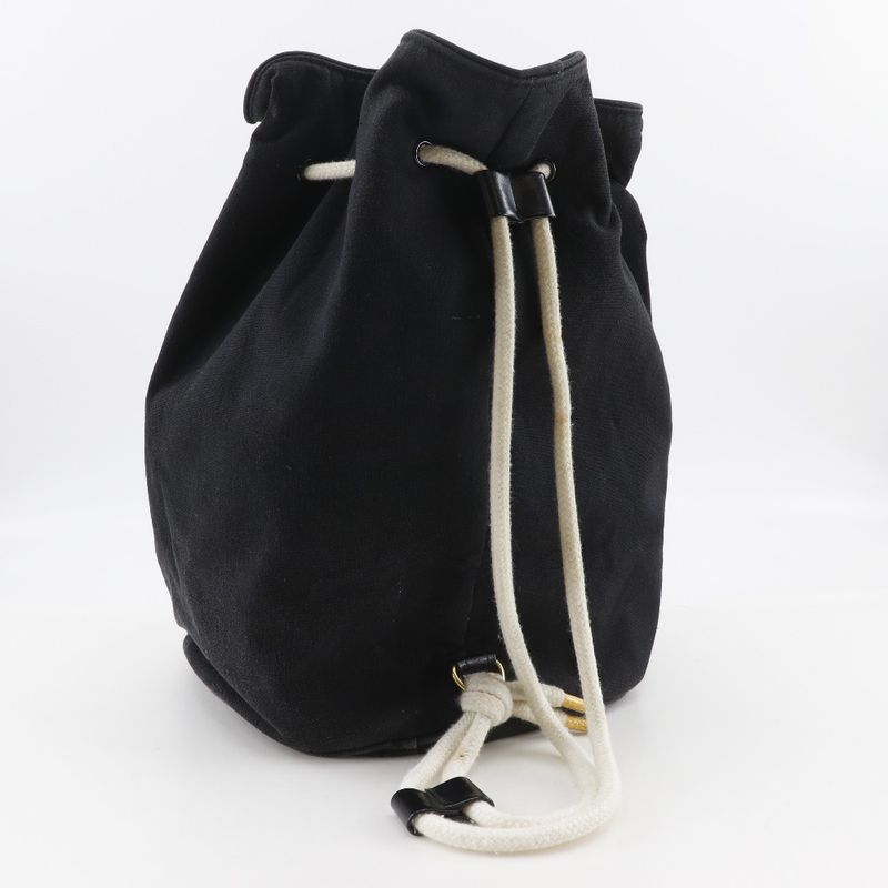 Chanel Pull Logo Drawstring Cotton Black Shoulder Bag
