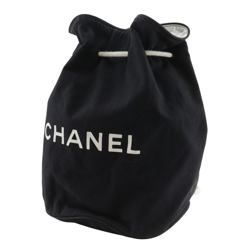 Chanel Pull Logo Drawstring Cotton Black Shoulder Bag