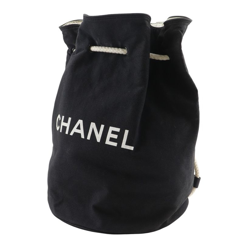 Chanel Pull Logo Drawstring Cotton Black Shoulder Bag