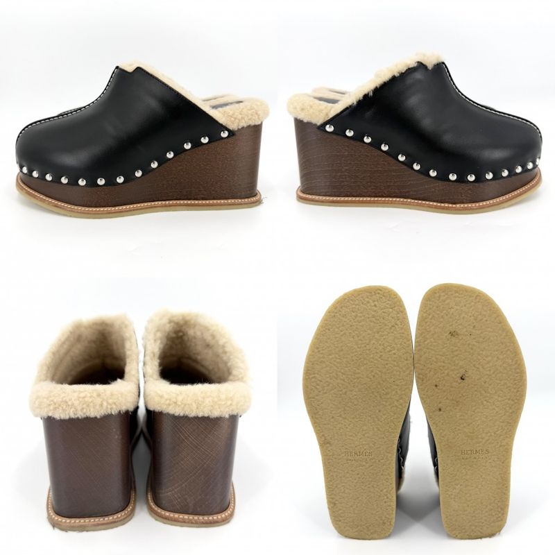 Hermes Sandals Earth Sabot Wedge Sole Studded Shoes 36 Brown X Black X Beige