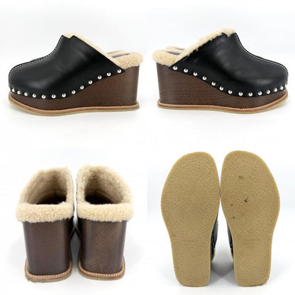 Hermes Sandals Earth Sabot Wedge Sole Studded Shoes 36 Brown X Black X Beige