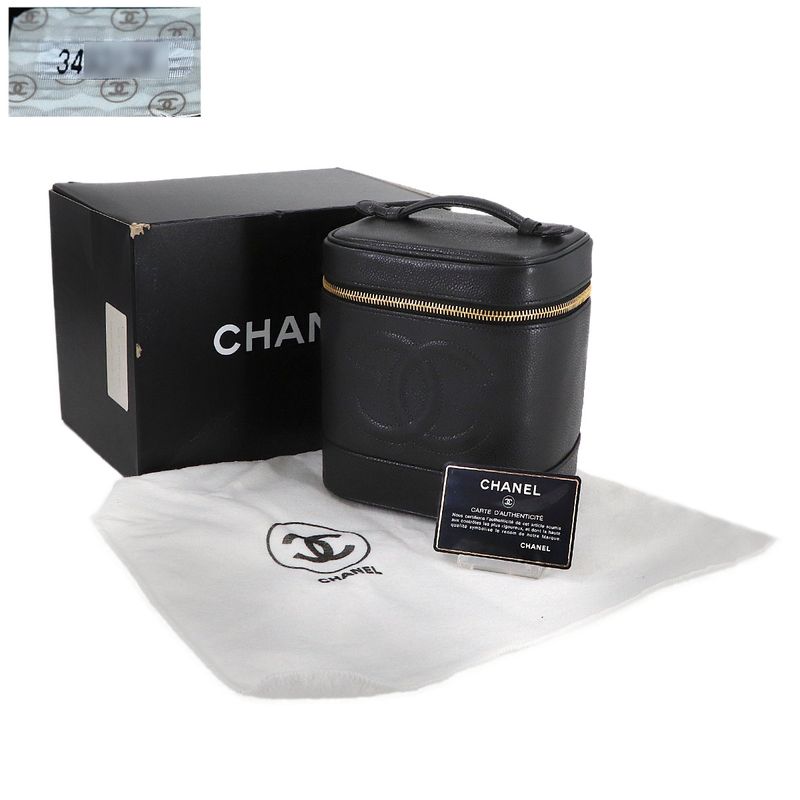 Chanel Vanity Hand Bag Caviar Leather Black CC Logo Gold
