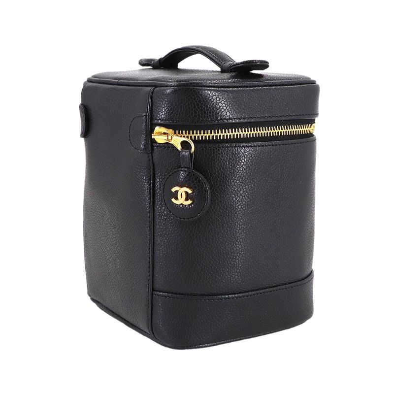 Chanel Vanity Hand Bag Caviar Leather Black CC Logo Gold