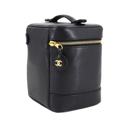 Chanel Vanity Hand Bag Caviar Leather Black CC Logo Gold