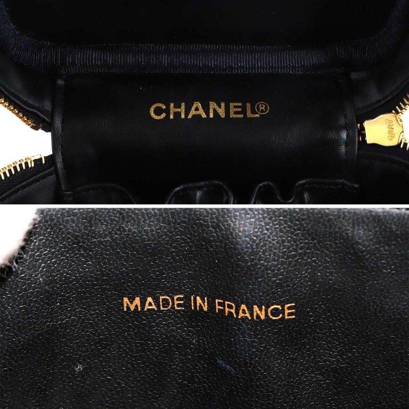 Chanel Vanity Hand Bag Caviar Leather Black CC Logo Gold