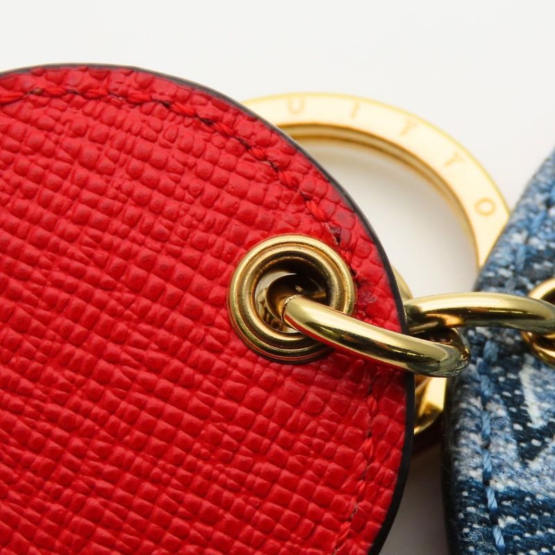 Louis Vuitton Key Holder Porte Cles Monogram Denim Leather Blue Red Gold Ring