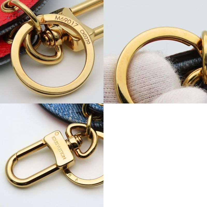 Louis Vuitton Key Holder Porte Cles Monogram Denim Leather Blue Red Gold Ring