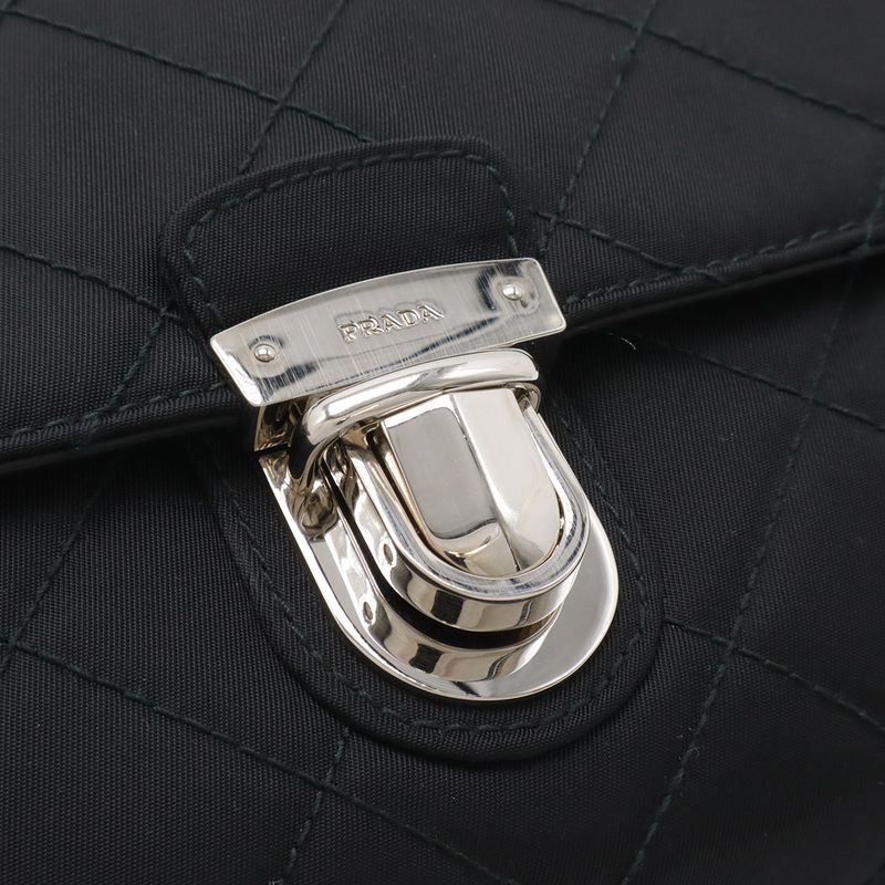 Prada Chain Shoulder Bag 2-Way Clutch Quilted Nylon Leather Nero Black