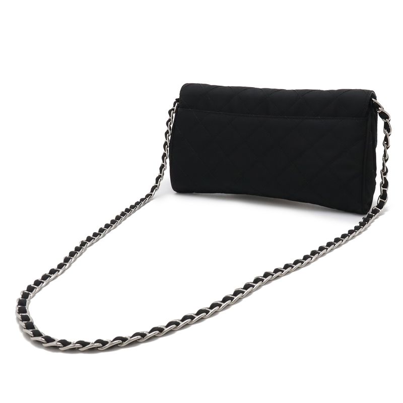 Prada Chain Shoulder Bag 2-Way Clutch Quilted Nylon Leather Nero Black