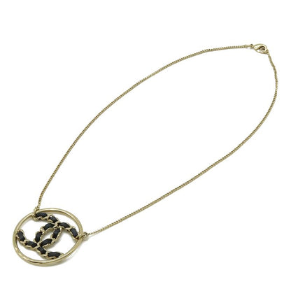 Chanel CC Logo Circle Chain Necklace Pendant Leather Gold Black
