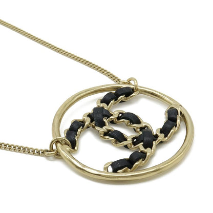 Chanel CC Logo Circle Chain Necklace Pendant Leather Gold Black