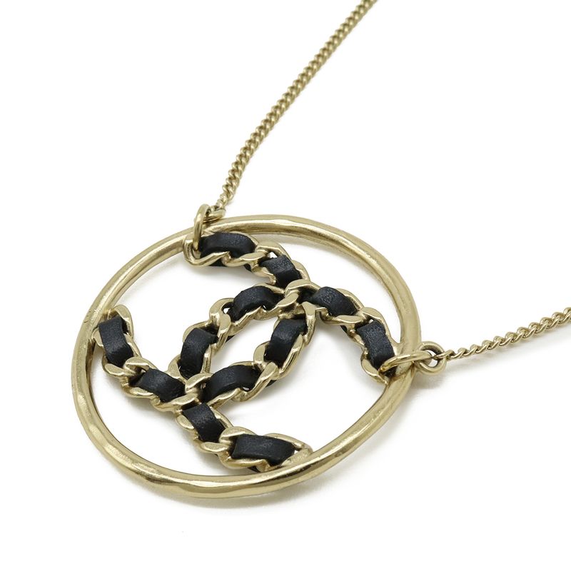 Chanel CC Logo Circle Chain Necklace Pendant Leather Gold Black