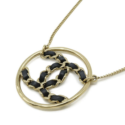 Chanel CC Logo Circle Chain Necklace Pendant Leather Gold Black