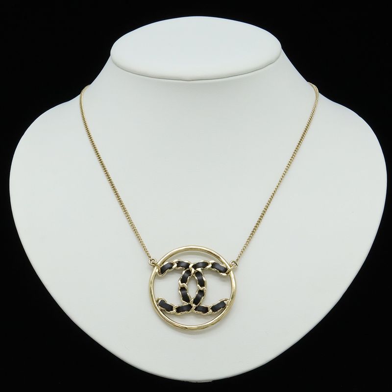 Chanel CC Logo Circle Chain Necklace Pendant Leather Gold Black