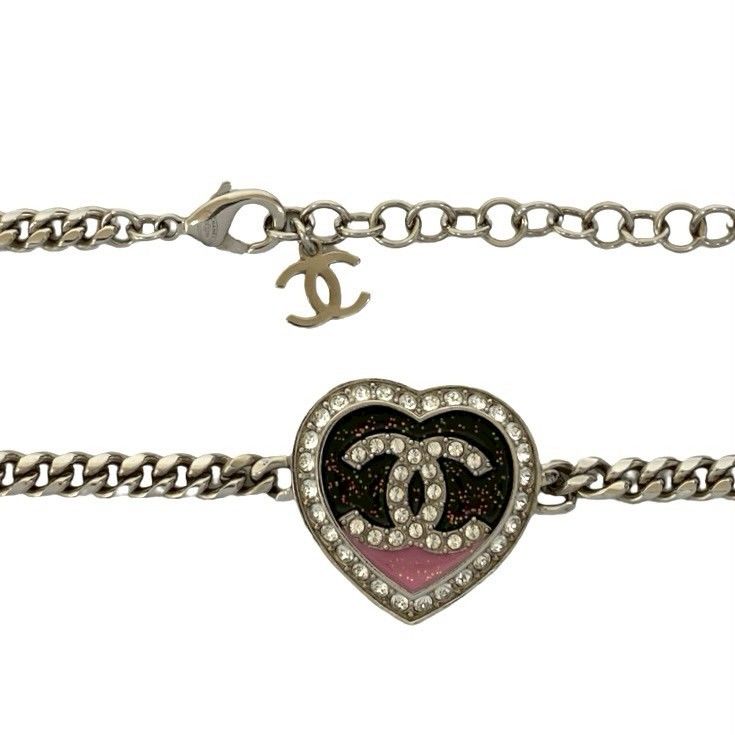 Chanel CC Logo Heart Motif Plated Rhinestone Necklace Silver X Pink