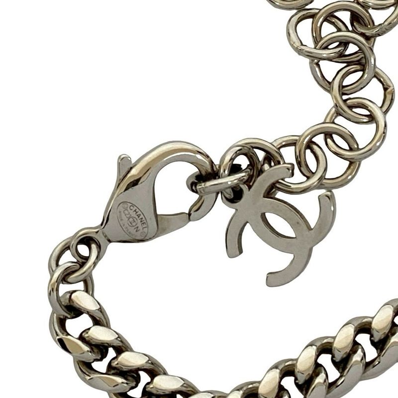 Chanel CC Logo Heart Motif Plated Rhinestone Necklace Silver X Pink