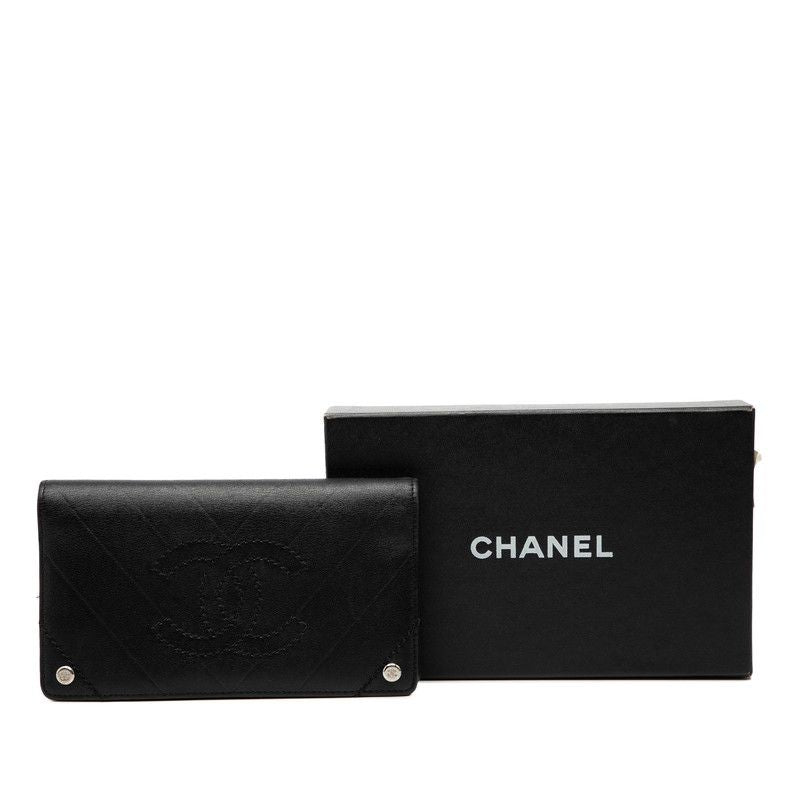 Chanel Stitch CC Logo Bifold Wallet Black Lambskin
