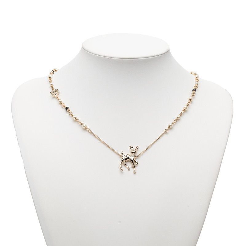 Chanel CC Logo Bambi Motif Gold Plated Faux Pearl Necklace