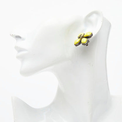 Chanel CC Logo Vintage Flower Motif Silver Yellow Metal Enamel Ring
