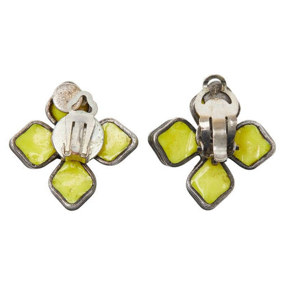 Chanel CC Logo Vintage Flower Motif Silver Yellow Metal Enamel Ring