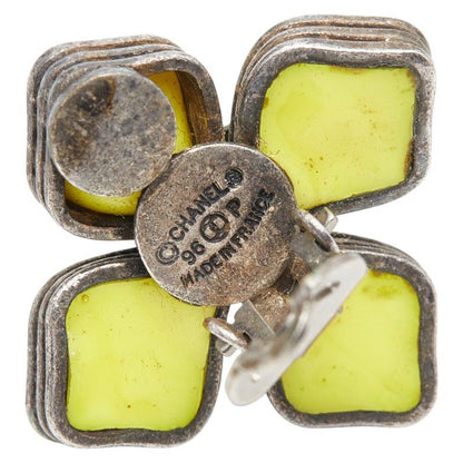 Chanel CC Logo Vintage Flower Motif Silver Yellow Metal Enamel Ring